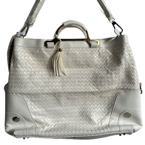 NEW Joy Mangano Drop Bag Tan Braided Faux Leather Oversize Carry On/Handbag. - Picture 3 of 12